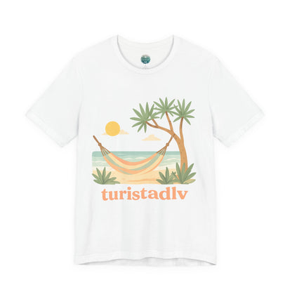 Camiseta de palmera de hamaca de playa , diseño Australiano, Camiseta gráfica Trópicos costeros del atardecer, camiseta de vacaciones, viaje