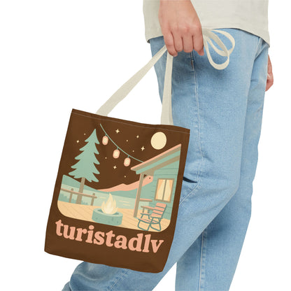 Bolsa de mano de acogedora fogata de cabaña, bolsa de mano | ilustración de camping, cielo nocturno, pinos