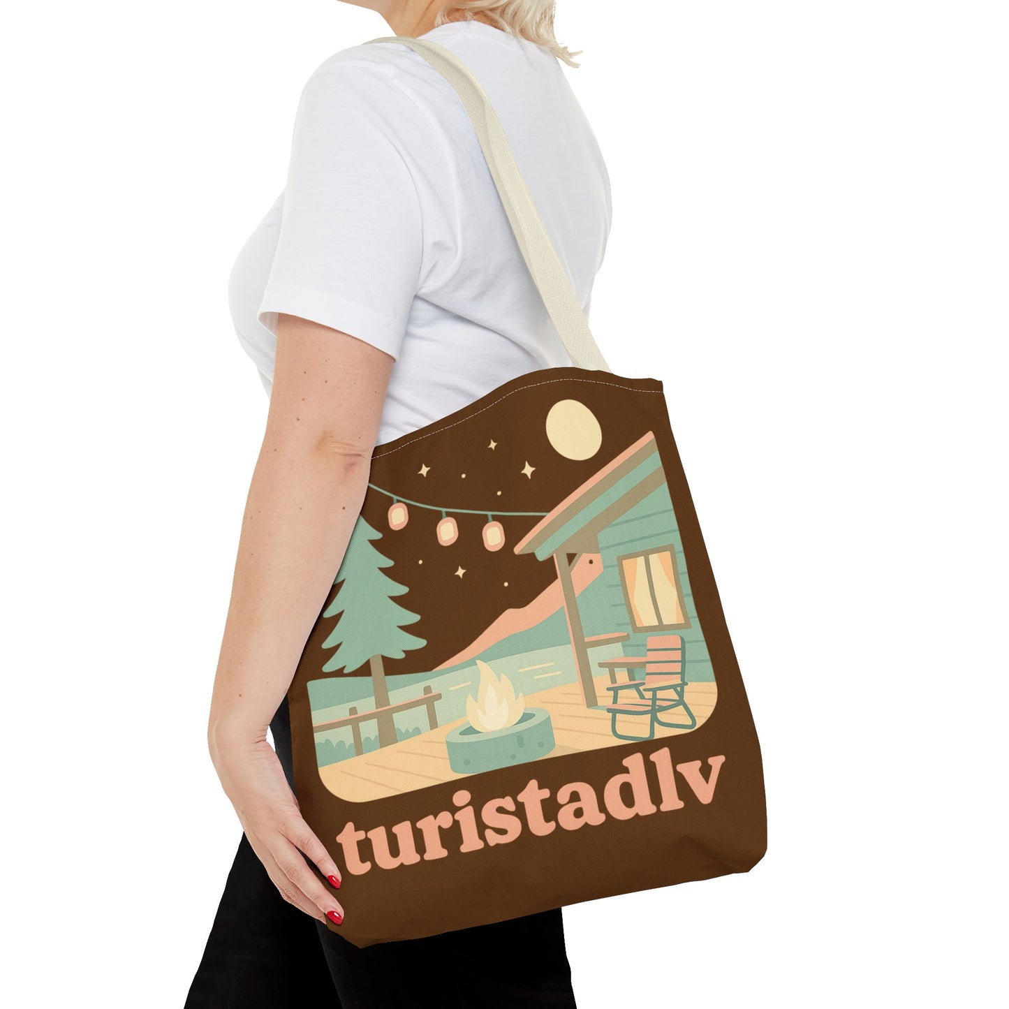 Bolsa de mano de acogedora fogata de cabaña, bolsa de mano | ilustración de camping, cielo nocturno, pinos