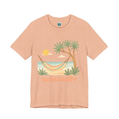 Camiseta de palmera de hamaca de playa , diseño Australiano, Camiseta gráfica Trópicos costeros del atardecer, camiseta de vacaciones, viaje