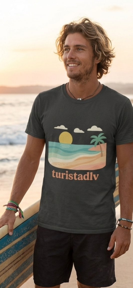 Camiseta de Verano, Diseño de Palmera y Sol, Camiseta Minimalista de Vacaciones, Camiseta de Algodón Orgánico, Estilo Californiano Retro.