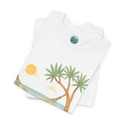 Camiseta de palmera de hamaca de playa , diseño Australiano, Camiseta gráfica Trópicos costeros del atardecer, camiseta de vacaciones, viaje