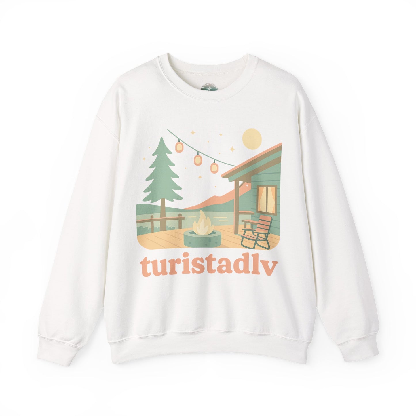 Sudadera de escena de fogata de cabaña, Ilustración de cabaña acogedora, cuello redondo de camping al aire libre