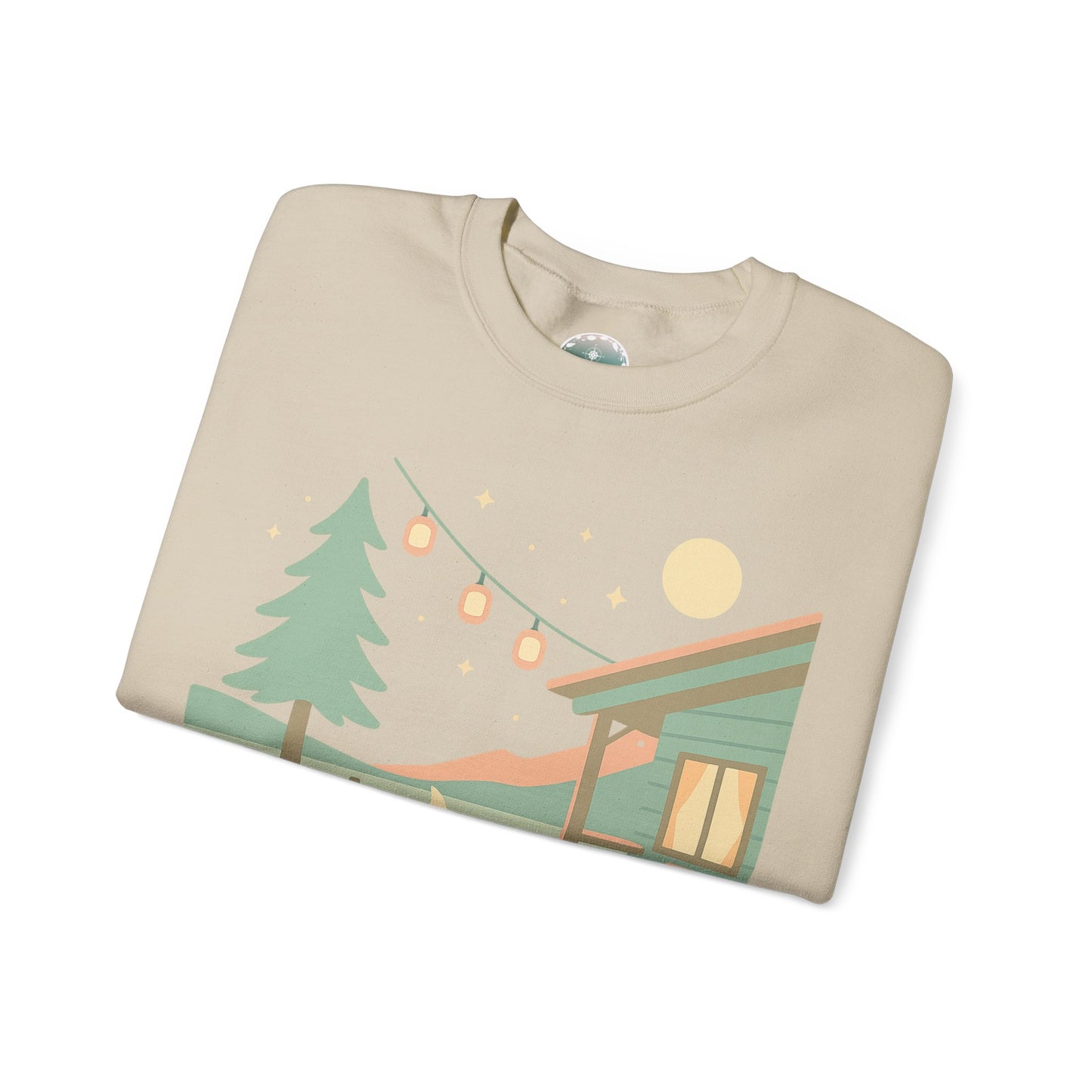 Sudadera de escena de fogata de cabaña, Ilustración de cabaña acogedora, cuello redondo de camping al aire libre