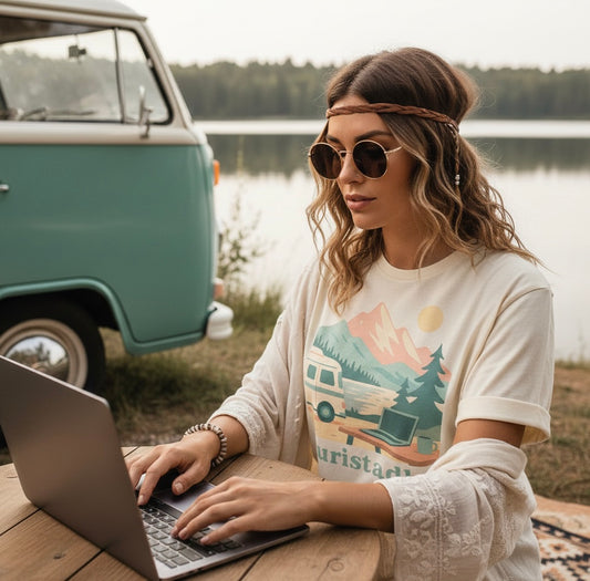 Camiseta de nómada digital, regalo de trabajo remoto, camiseta de camper retro en el lago, camiseta de naturaleza, laptop, tele trabajo