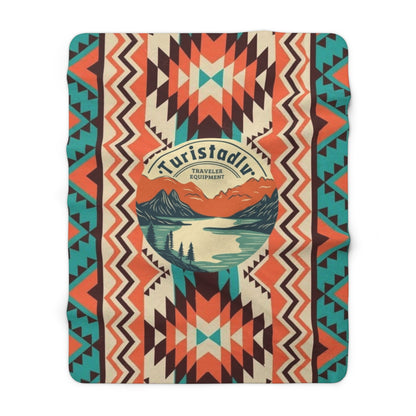 Manta Sherpa con diseño  de lago y montaña, Patrón azteca para exteriores, manta de camping, regalo de viaje, regalo de montaña