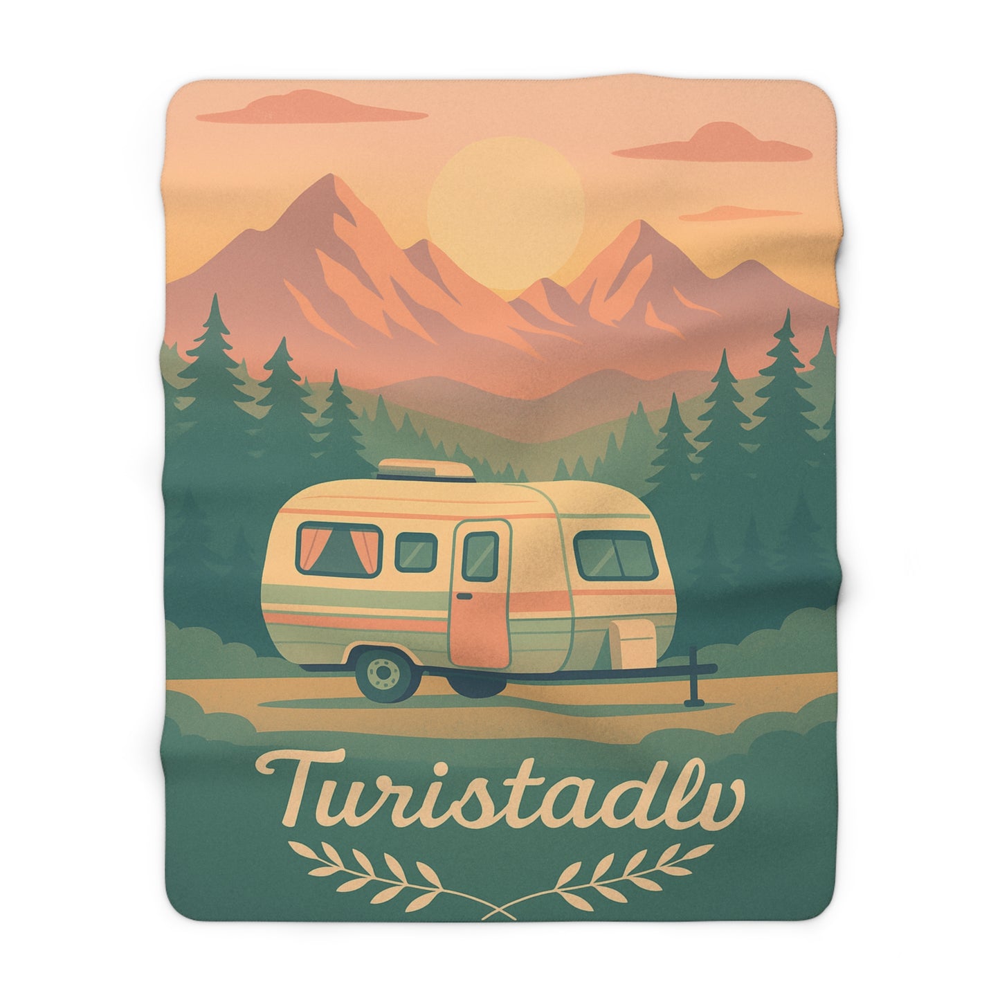 Manta Sherpa Retro Camper de montaña al atardece, amantes de la naturaleza, manta de exterior estilo Vintage