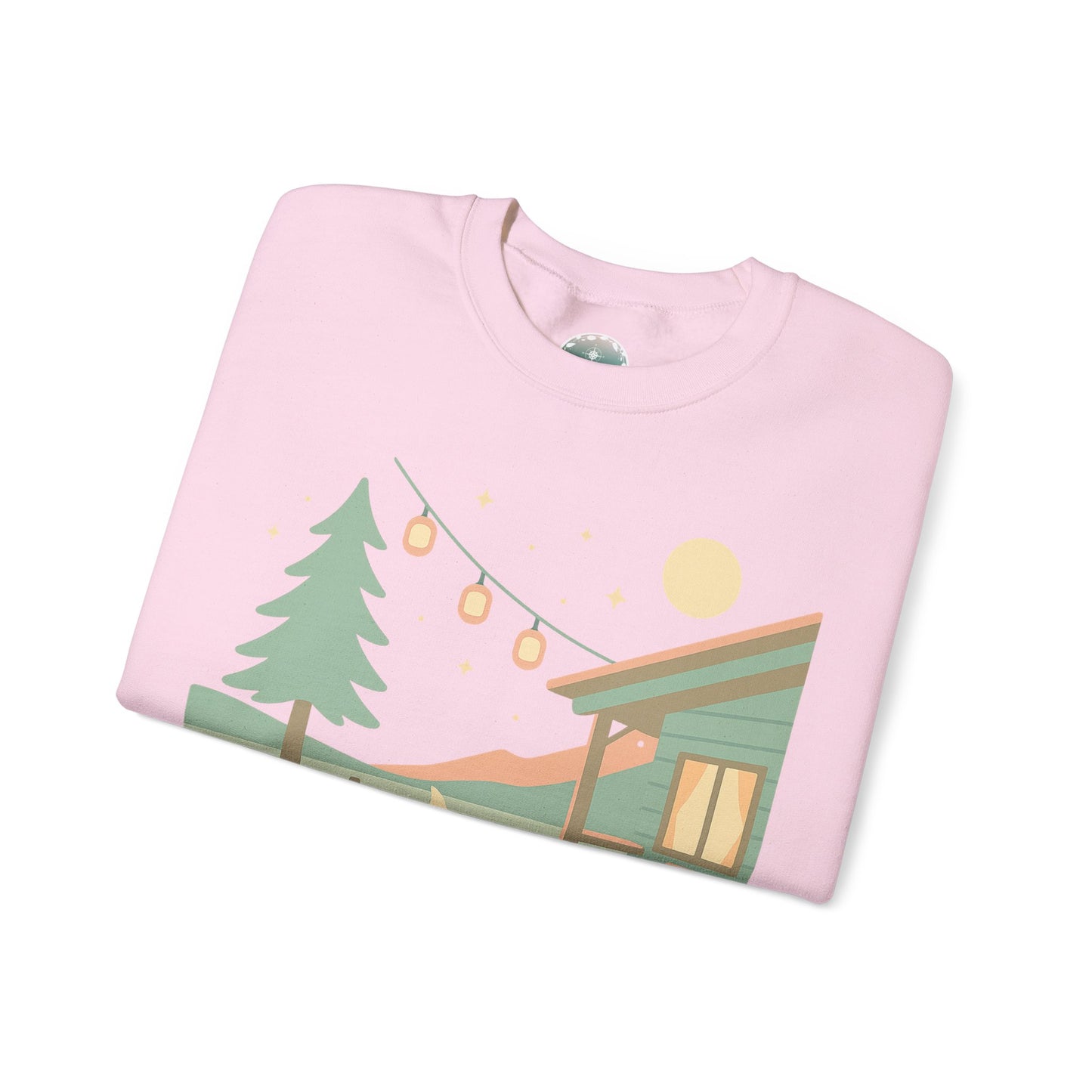 Sudadera de escena de fogata de cabaña, Ilustración de cabaña acogedora, cuello redondo de camping al aire libre