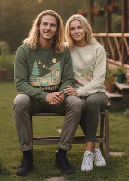 Sudadera de escena de fogata de cabaña, Ilustración de cabaña acogedora, cuello redondo de camping al aire libre