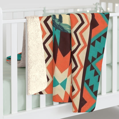 Manta Sherpa con diseño  de lago y montaña, Patrón azteca para exteriores, manta de camping, regalo de viaje, regalo de montaña