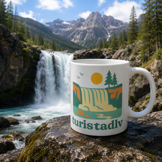 Taza de escena de la naturaleza en cascada, Paisaje escénico, regalo de naturaleza, acampada, árboles, sol, pájaros