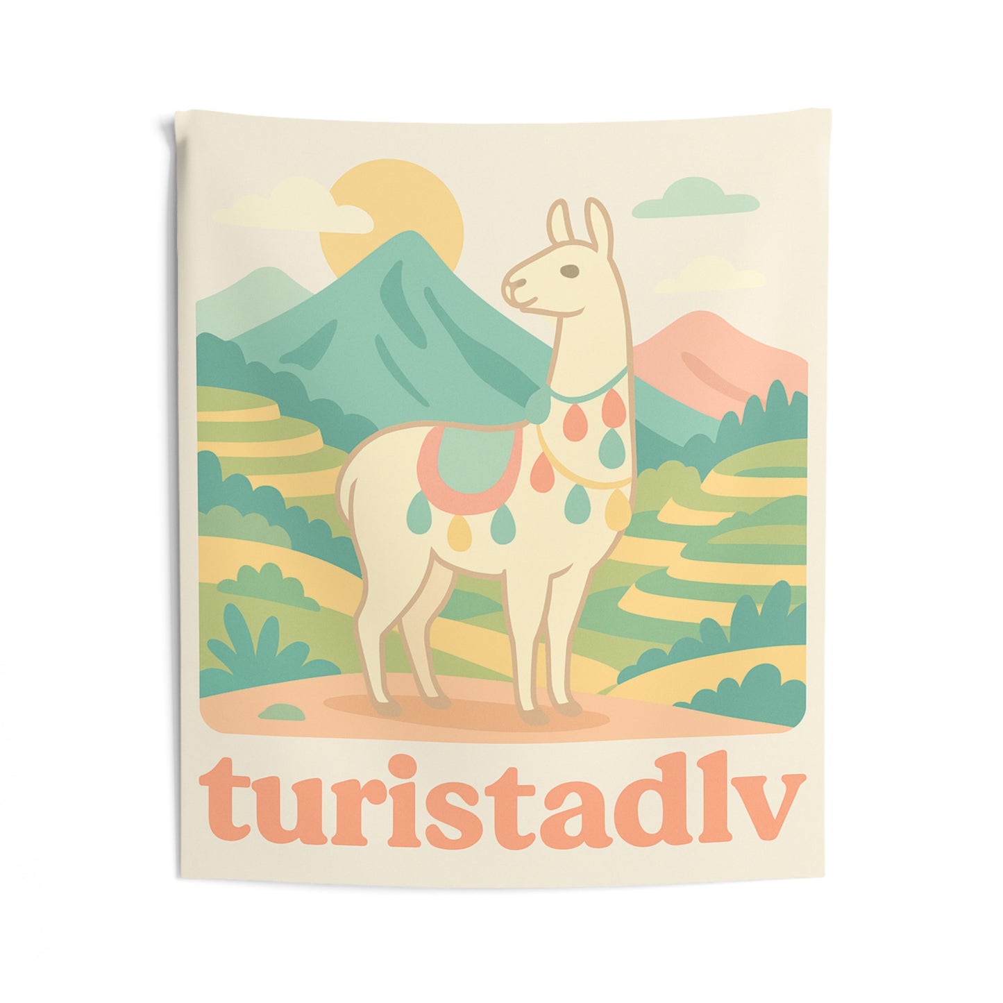 Tapiz de escena de montaña con llama, Tapiz de pared interior, arte de viaje, decoración de alpaca, regalo de Perú, decoración bohemia chic.