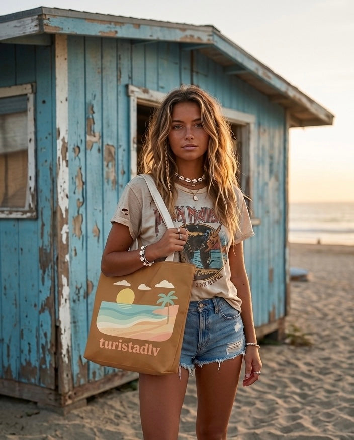 Bolso Tote de Playa Retro, Atardecer y Palmeras