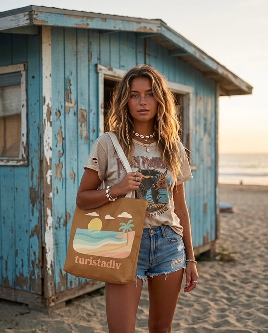 Bolso Tote Bag de Playa Retro, Bolso de Tela Estética Atardecer y Palmeras, Regalo para Viajeros y Amantes del Verano, Bolsa Reutilizable.
