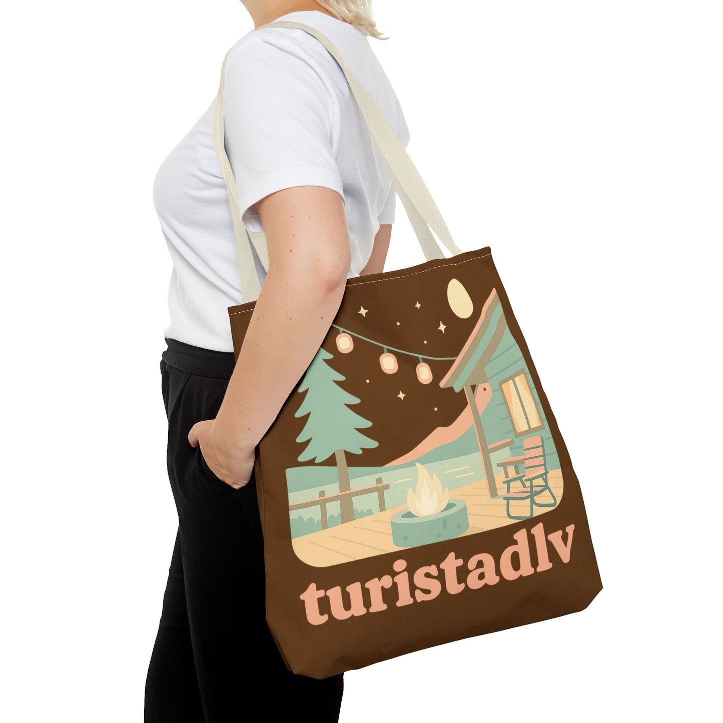 Bolsa de mano de acogedora fogata de cabaña, bolsa de mano | ilustración de camping, cielo nocturno, pinos