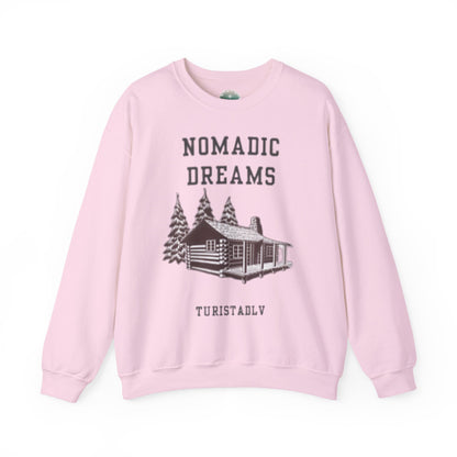 Sudadera acogedora sueños nómadas, suéter de cuello redondo unisex, perfecto para entusiastas del aire libre, regalo para viajeros, estilo casual para todas las estaciones.