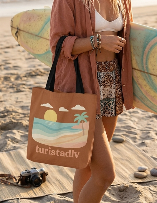 Bolso Tote Bag de Playa Retro, Bolso de Tela Estética Atardecer y Palmeras, Regalo para Viajeros y Amantes del Verano, Bolsa Reutilizable.