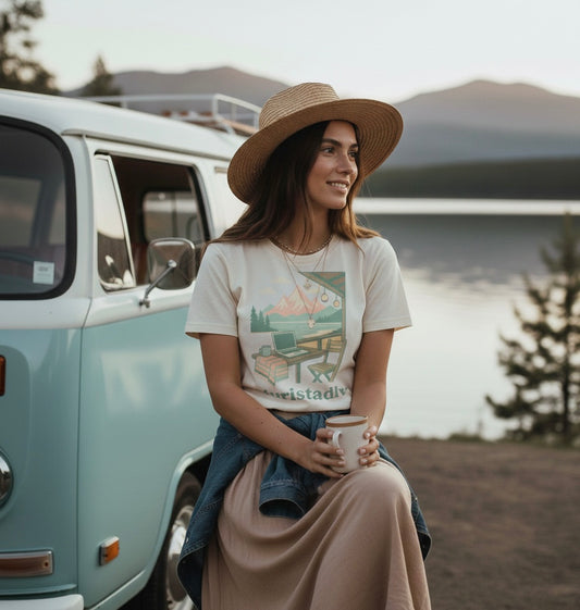 Camiseta de cabaña en la montaña, trabajo remoto en la naturaleza, escénica de trabajo para portátil al aire libre, nómada digital