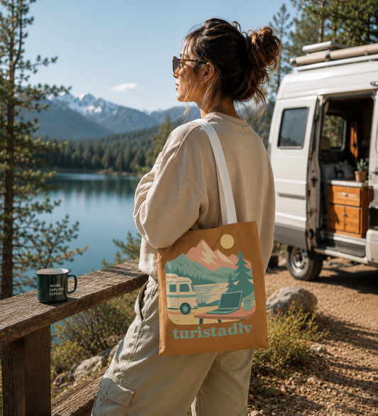 Bolso tote bag, bolsde mano Van Life y montaña, tote bag ilustración de caravana de viaje, nómada digital, tele trabajo, vida camper, viajera, regalo emprendedor