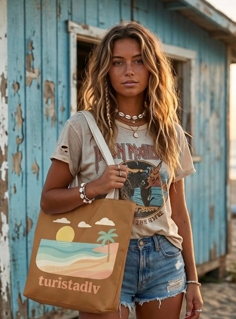 Bolso Tote de Playa Retro, Atardecer y Palmeras