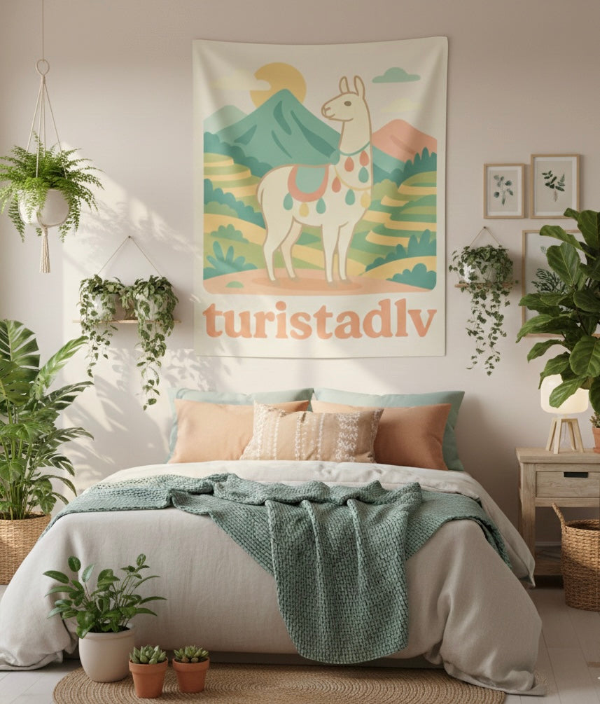 Tapiz de escena de montaña con llama, Tapiz de pared interior, arte de viaje, decoración de alpaca, regalo de Perú, decoración bohemia chic.