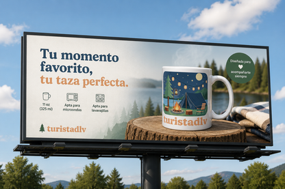 Taza Escena Nocturna de Camping, Fogata y Linterna