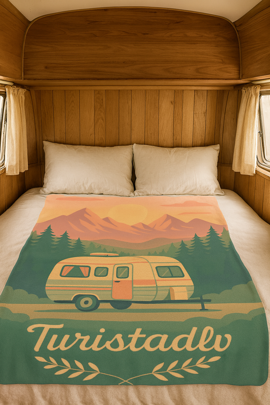 Manta Sherpa Retro Camper de montaña al atardece, amantes de la naturaleza, manta de exterior estilo Vintage