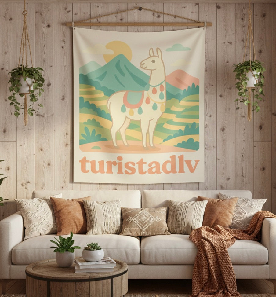 Tapiz de escena de montaña con llama, Tapiz de pared interior, arte de viaje, decoración de alpaca, regalo de Perú, decoración bohemia chic.