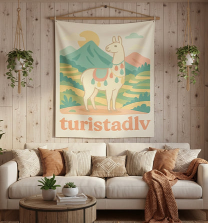 Tapiz de escena de montaña con llama, Tapiz de pared interior, arte de viaje, decoración de alpaca, regalo de Perú, decoración bohemia chic.