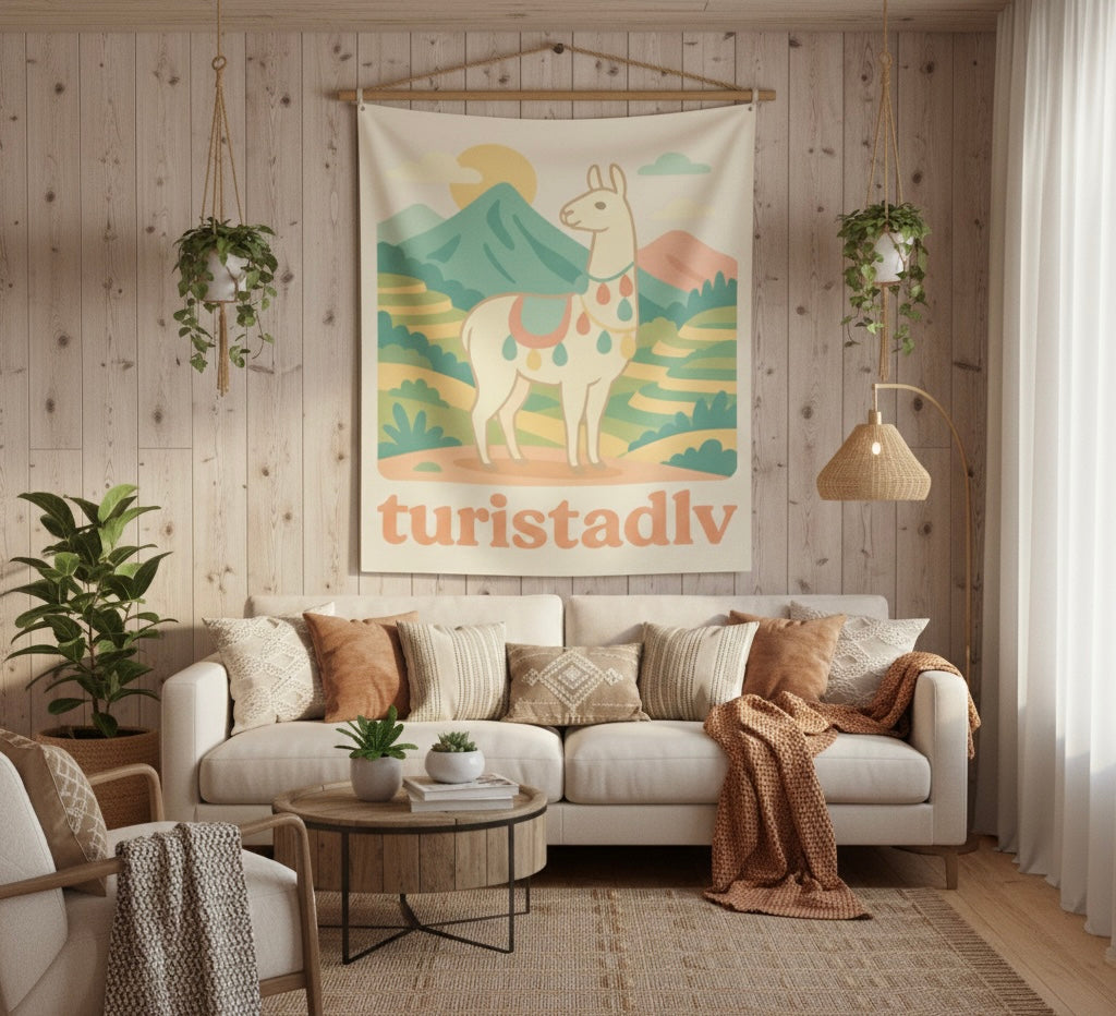Tapiz de escena de montaña con llama, Tapiz de pared interior, arte de viaje, decoración de alpaca, regalo de Perú, decoración bohemia chic.