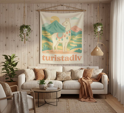 Tapiz de escena de montaña con llama, Tapiz de pared interior, arte de viaje, decoración de alpaca, regalo de Perú, decoración bohemia chic.