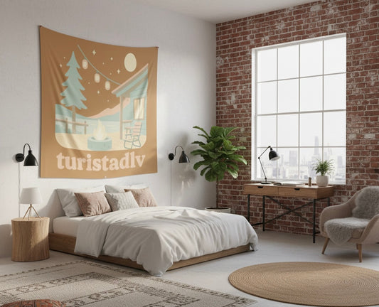 Acogedor tapiz de escena de cabaña junto al lago, Tapiz de pared interior, decoración boho, tapiz bohemio, casa de madera, regalo decorativo.