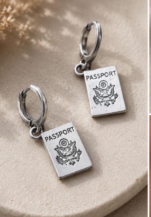 Pendientes para viajero, NEW PASSPORT, pendientes de viaje, Aros, pasaporte, joyas viajeras, regalo viajero, libre, mochilero, pendientes de aro, arete.