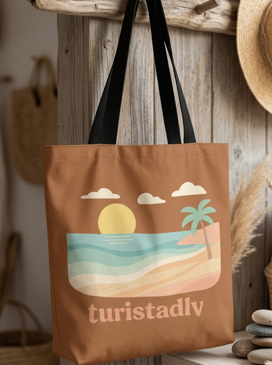 Bolso Tote Bag de Playa Retro, Bolso de Tela Estética Atardecer y Palmeras, Regalo para Viajeros y Amantes del Verano, Bolsa Reutilizable.