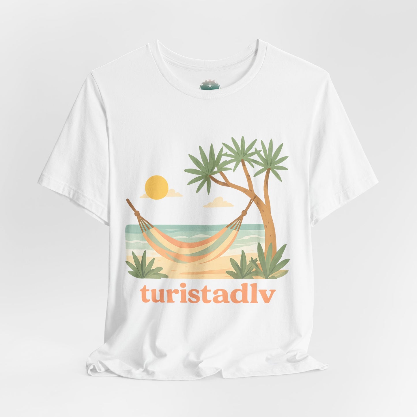 Camiseta de palmera de hamaca de playa , diseño Australiano, Camiseta gráfica Trópicos costeros del atardecer, camiseta de vacaciones, viaje