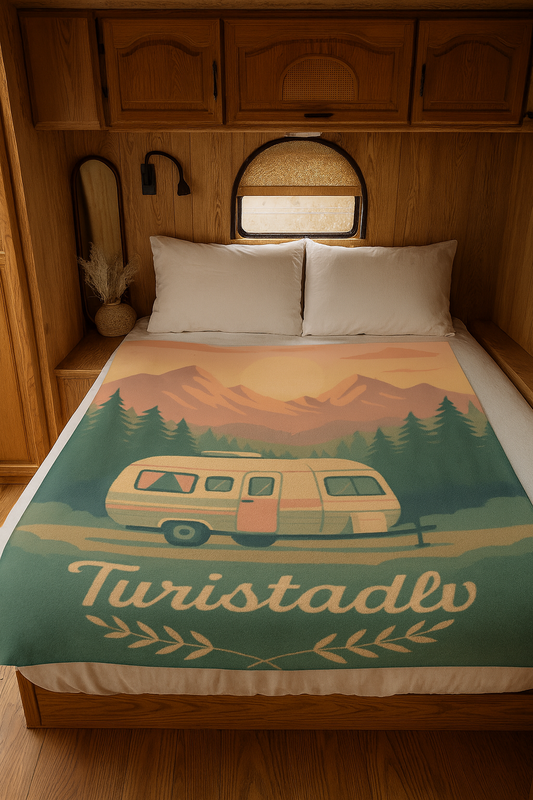 Manta Sherpa Retro Camper de montaña al atardece, amantes de la naturaleza, manta de exterior estilo Vintage