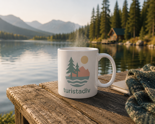 Taza minimalista con el logotipo del lago de montaña Turistadlv | viajes por la naturaleza | taza de café para acampar