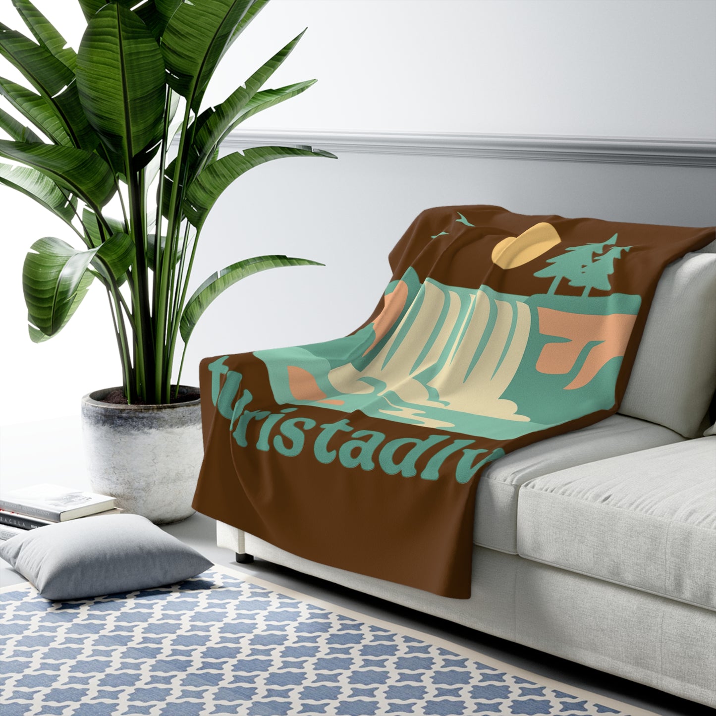 Manta Sherpa de paisaje de cascada, Diseño  de naturaleza retro, manta de camping, regalo de montaña