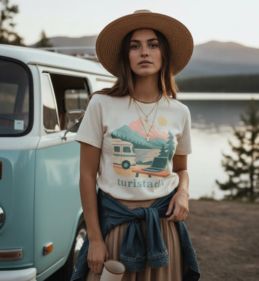 Camiseta de nómada digital, regalo de trabajo remoto, camiseta de camper retro en el lago, camiseta de naturaleza, laptop, tele trabajo