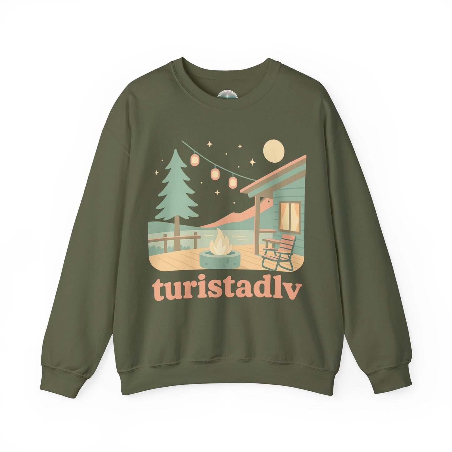 Sudadera de escena de fogata de cabaña, Ilustración de cabaña acogedora, cuello redondo de camping al aire libre