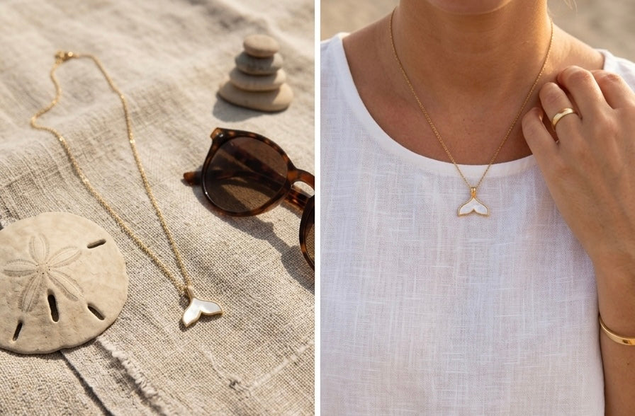 Collar Cola de Ballena de Nácar, Collar Dorado Inspirado en el Mar, Joyería Mediterránea Minimalista, Regalo para Amantes del Océano, surf.