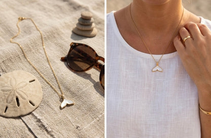 Collar Cola de Ballena de Nácar, Collar Dorado Inspirado en el Mar, Joyería Mediterránea Minimalista, Regalo para Amantes del Océano, surf.