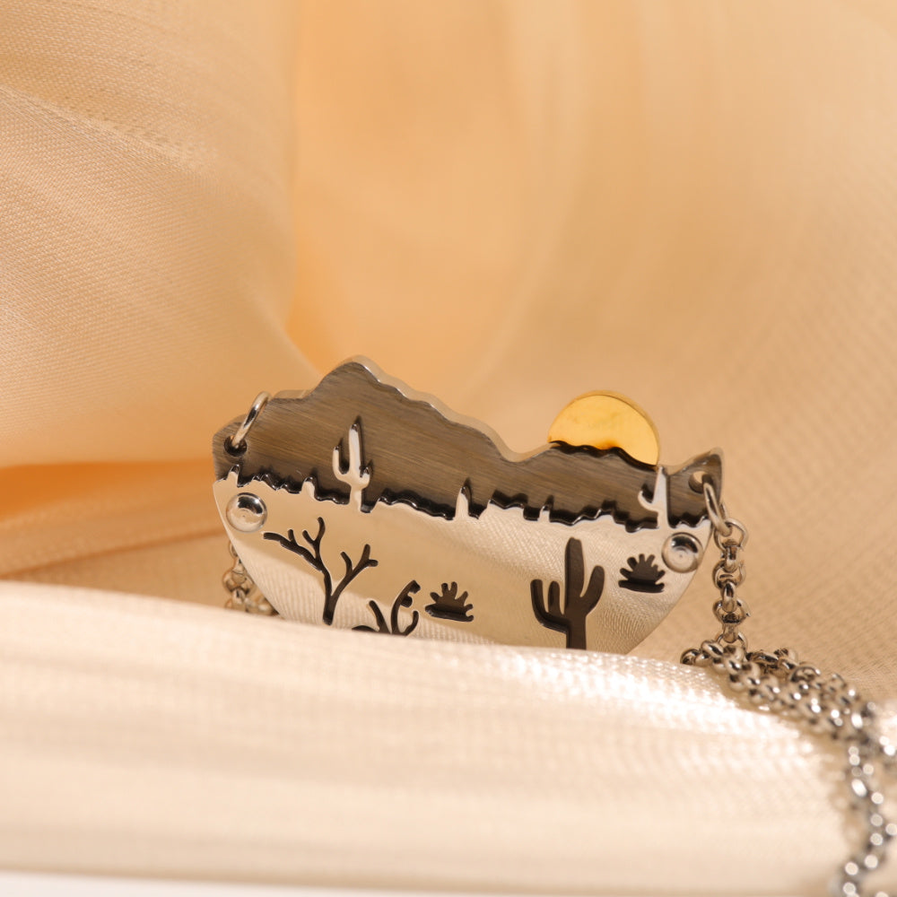 Landscape Necklace Steel Color Forest Moon Mountains