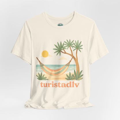 Camiseta de palmera de hamaca de playa , diseño Australiano, Camiseta gráfica Trópicos costeros del atardecer, camiseta de vacaciones, viaje