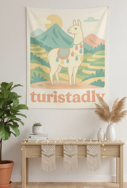 Tapiz de escena de montaña con llama, Tapiz de pared interior, arte de viaje, decoración de alpaca, regalo de Perú, decoración bohemia chic.