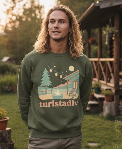 Sudadera de escena de fogata de cabaña, Ilustración de cabaña acogedora, cuello redondo de camping al aire libre