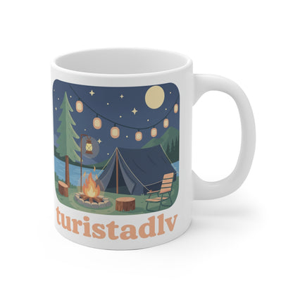 Taza Escena Nocturna de Camping, Fogata y Linterna