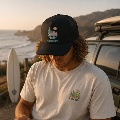 Gorra tipo retro de naturaleza, diseño de lago al atardecer, gorra de surfista con olas, diseño de árboles y montaña, regalo de senderista