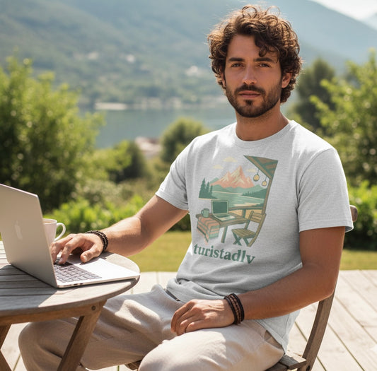 Camiseta de cabaña en la montaña, trabajo remoto en la naturaleza, escénica de trabajo para portátil al aire libre, nómada digital