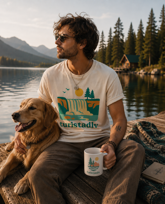 Taza minimalista con el logotipo del lago de montaña Turistadlv | viajes por la naturaleza | taza de café para acampar